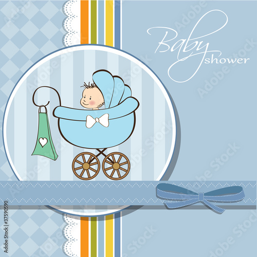 baby boy announcement card with baby and pram