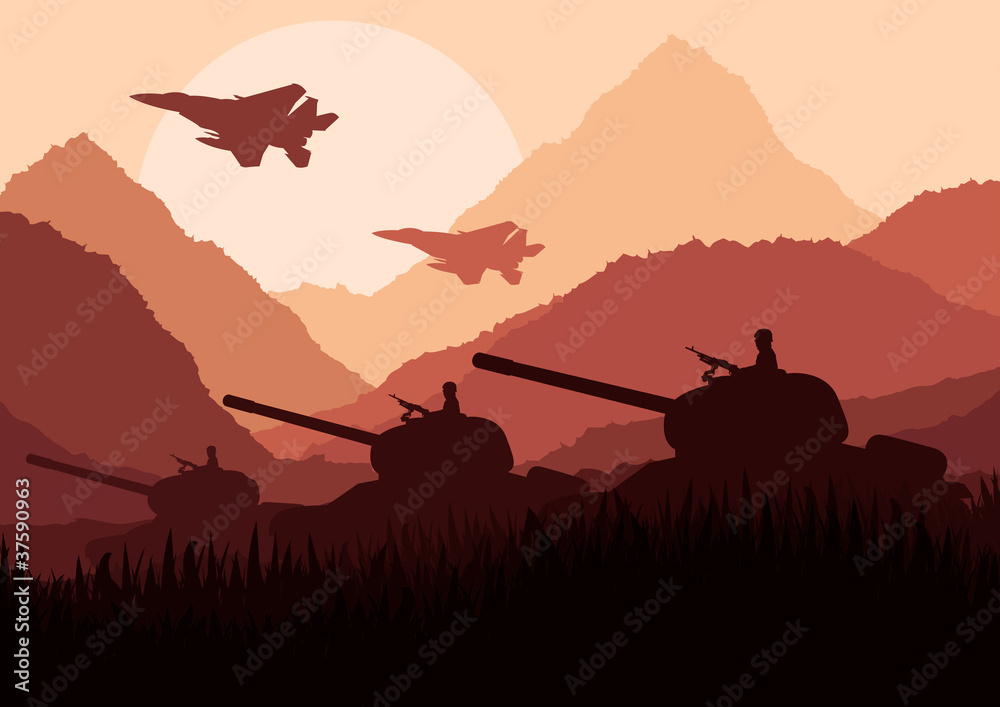 Army tanks and airplanes in mountain landscape