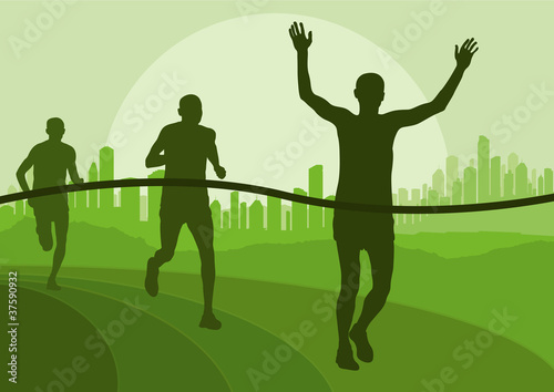 Marathon runners in wild nature landscape background