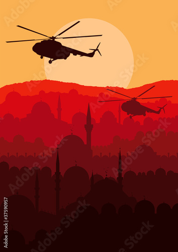 Army helicopters flying over Arabic city landscape