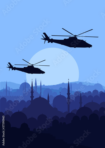 Army helicopters flying over Arabic city landscape