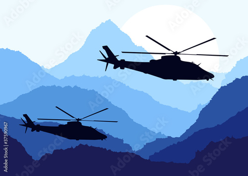 Army helicopters in mountain landscape background