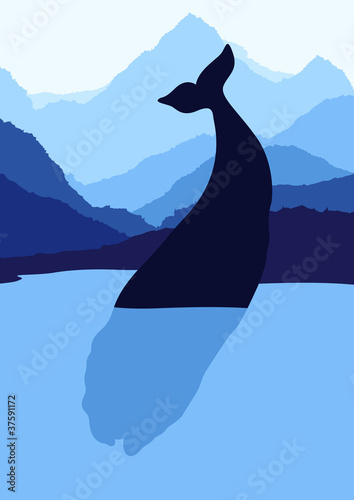Whale swimming in wild nature landscape illustration