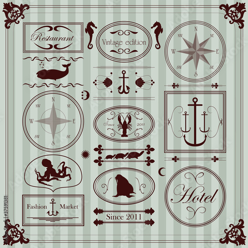Vintage seafood restaurant frames and elements illustration