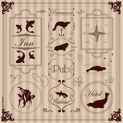 Sea lion and walrus seal vintage frames and elements