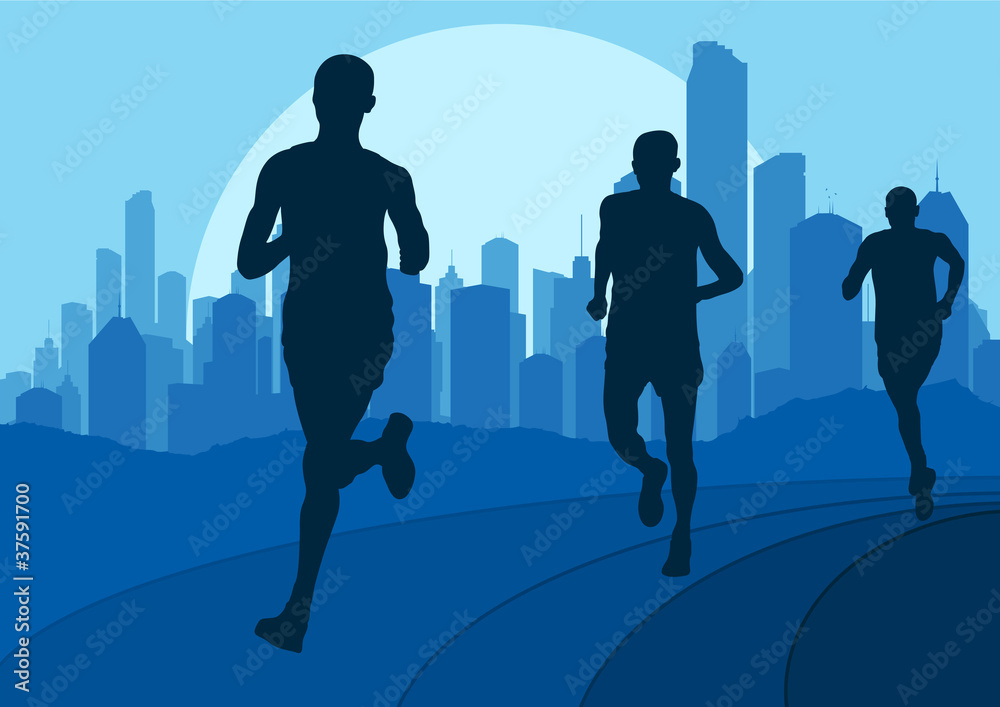 Marathon runners in wild nature landscape background Marathon runners in wild nature landscape background