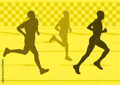 Marathon runners in urban city landscape background illustration