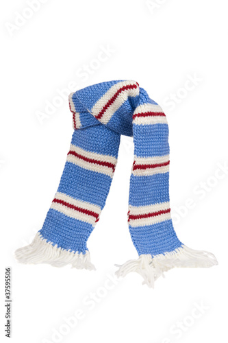 Warm knitted scarf with stripes isolated on white