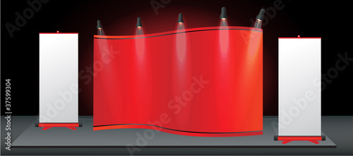 Blank red trade exhibition stand and roll up banner