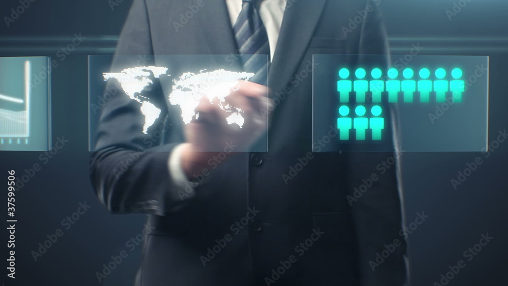 Hand leafing and pushing a button with world map
