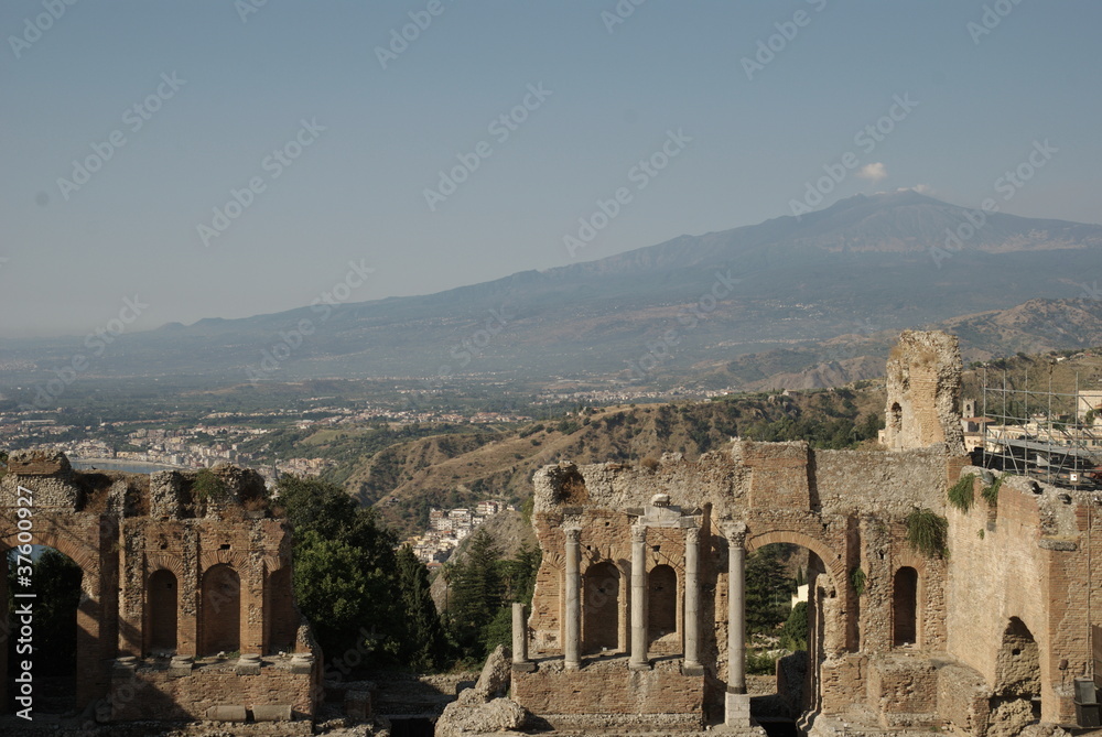 greek theater and Etna volcan, Taormina, Sicily