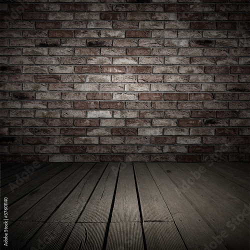 Backgroud of brick wall and wood planks in old interior