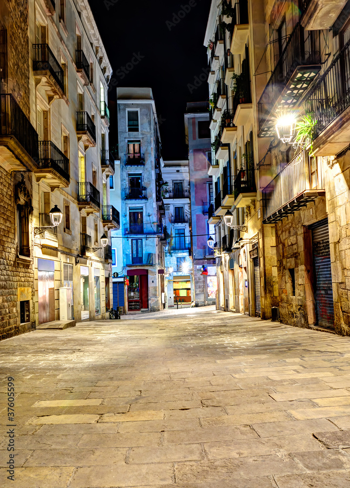night scene in gothic quarter, Barcelona, Spain