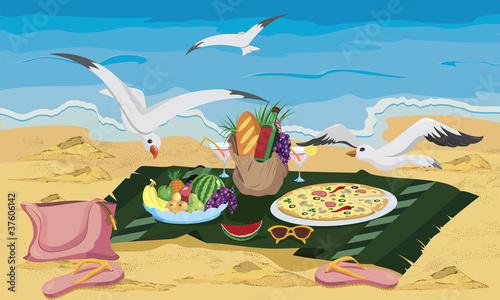 Seagulls are trying to steal food left on the beach