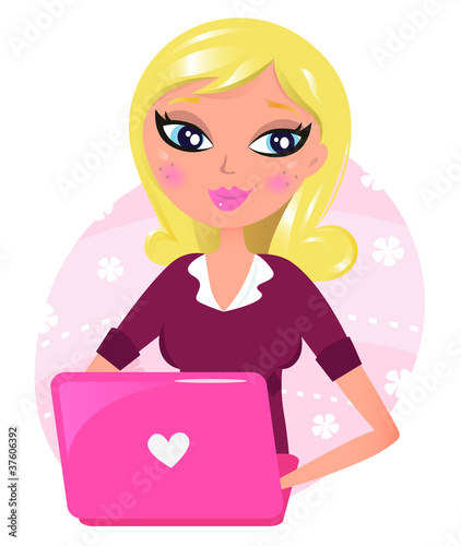 Cute blond secretary with pink laptop isolated on white