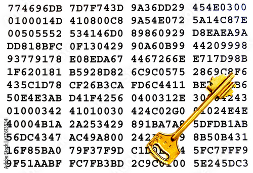 Golden key on a sheet with encrypted data photo