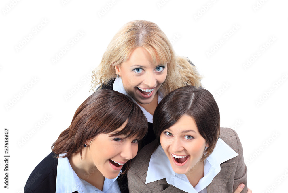 Top view of positive business women,  looking up and smiling.