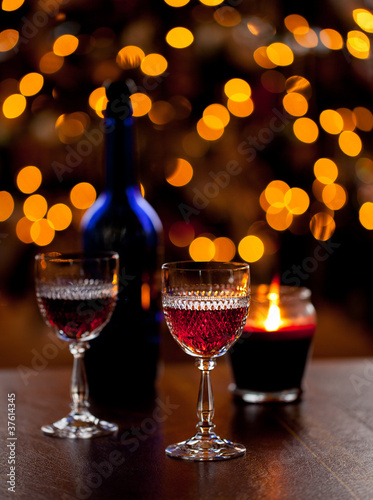 Sherry glasses in front of xmas tree