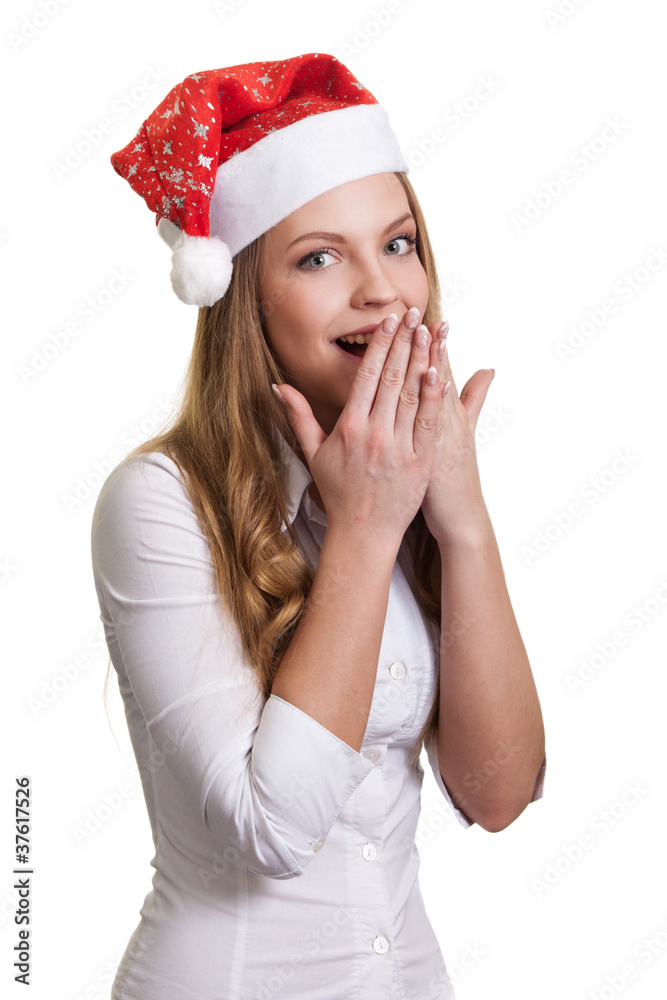 Young business woman in santa hat , isolated on white Young business woman in santa hat , isolated on white
