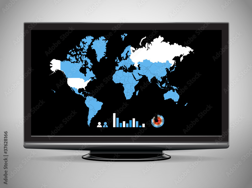 Modern TV with Earth map and statistics Modern TV with Earth map and statistics