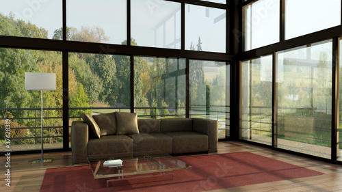 Interno con divano e finestra con vista su giardino 3d