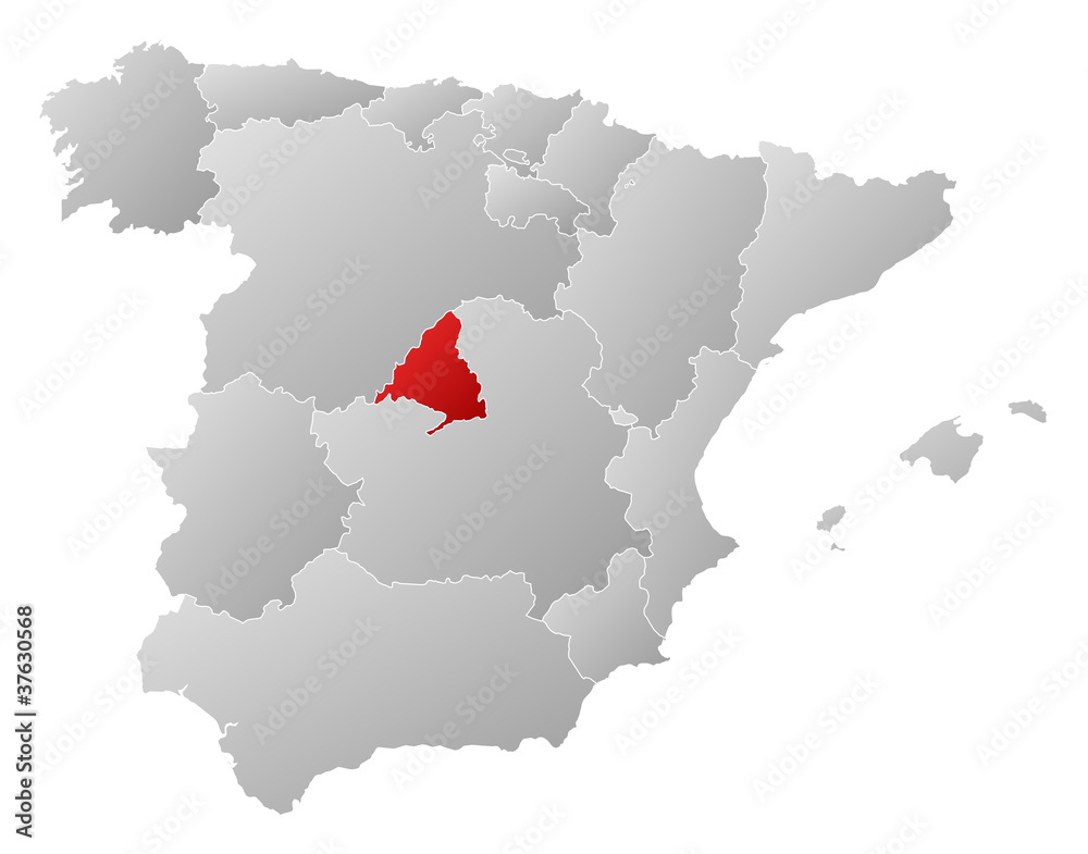 Map of Spain, Madrid highlighted