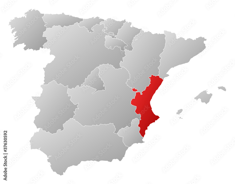 Obraz premium Map of Spain, Valencian Community highlighted