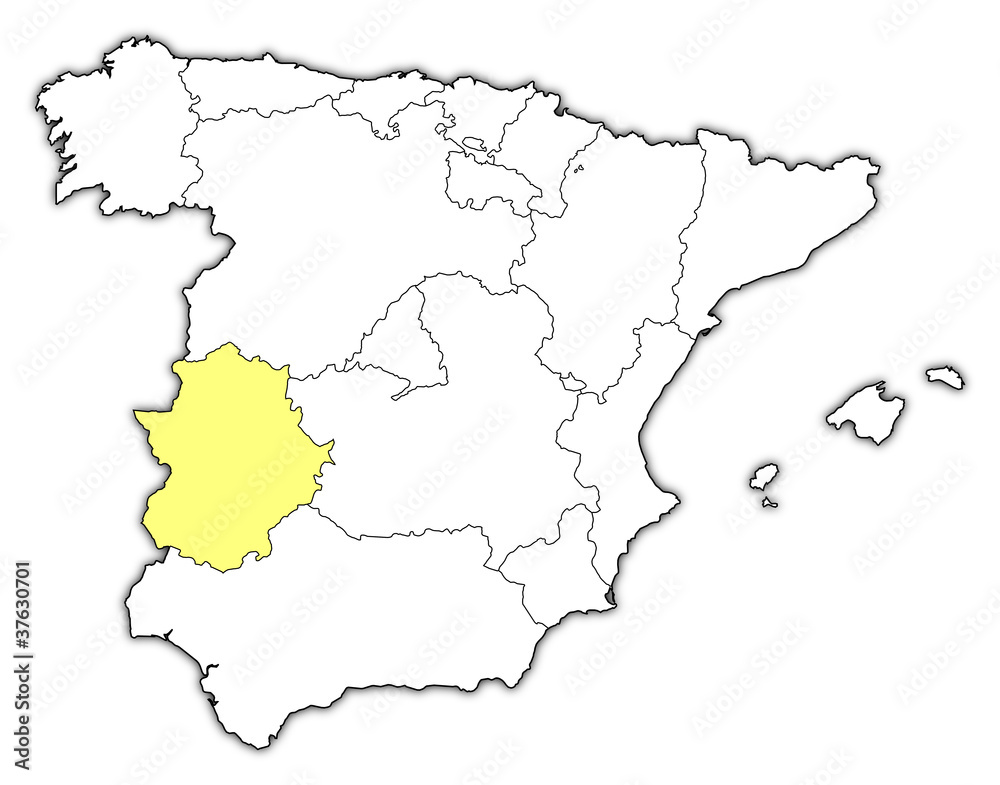 Map of Spain, Extremadura highlighted