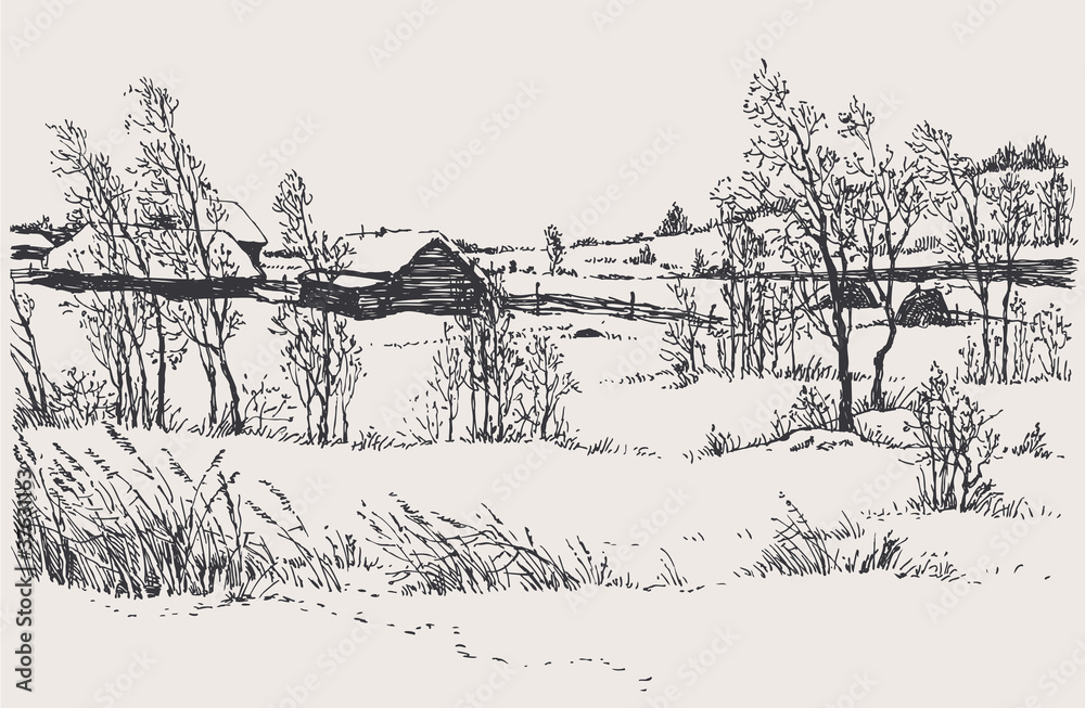 Obraz premium Vector winter landscape. A cold wind over the village