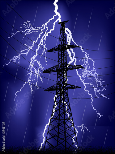 electrical pylon under thunderstorm