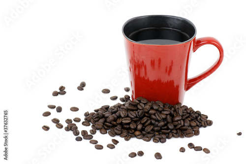 Red mug and coffee beans