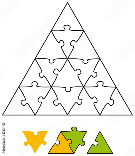 Jigsaw puzzle in the form of a triangle with single pieces which can be individually removed and arranged. Illustration on white background. Vector.