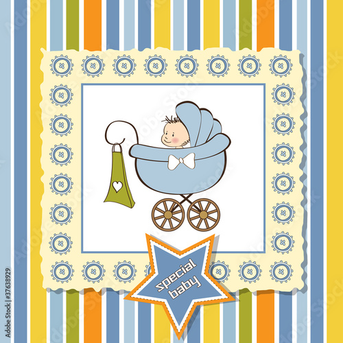 baby boy announcement card with baby and pram