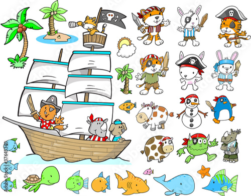 Fototapeta Naklejka Na Ścianę i Meble -  Pirate Animal Ocean Character Design Vector Set