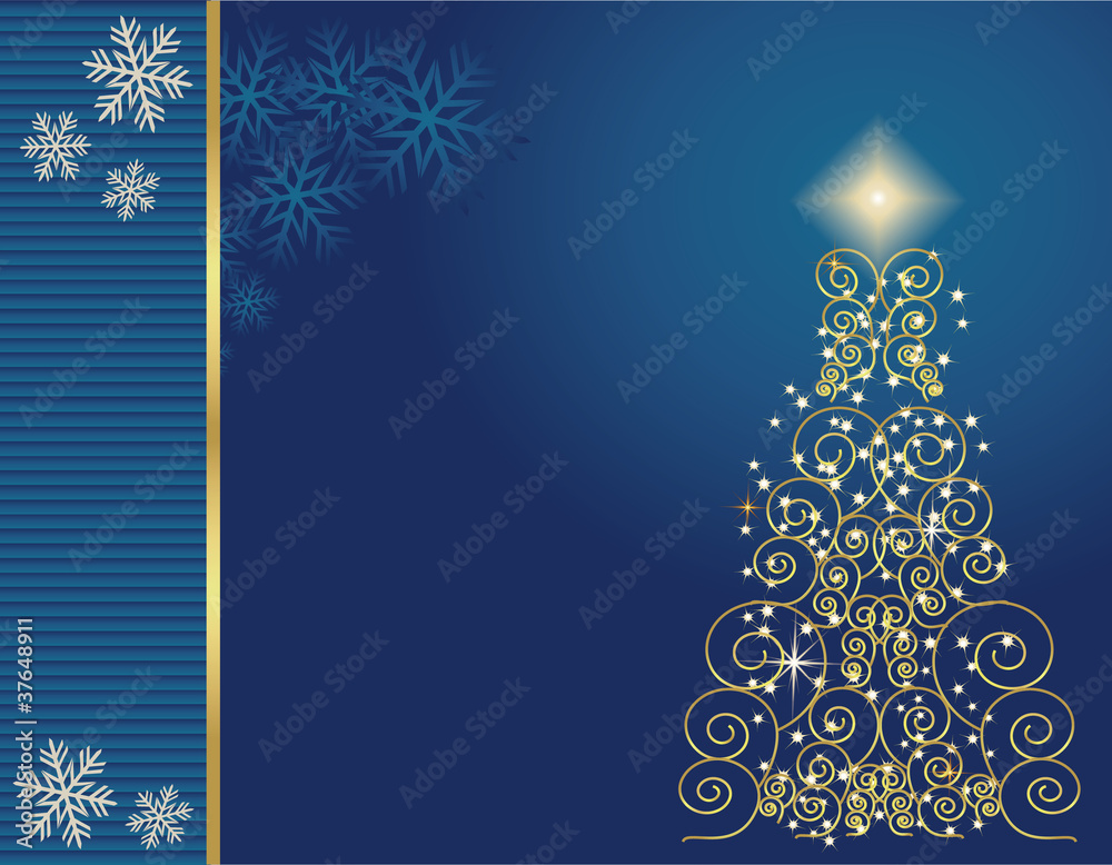 Cartolina Natale blu con abete in oro