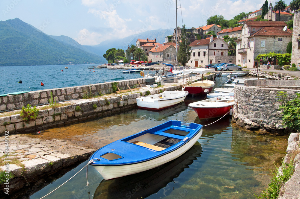 Quiet historic town of Perast with white houses, Montenegro