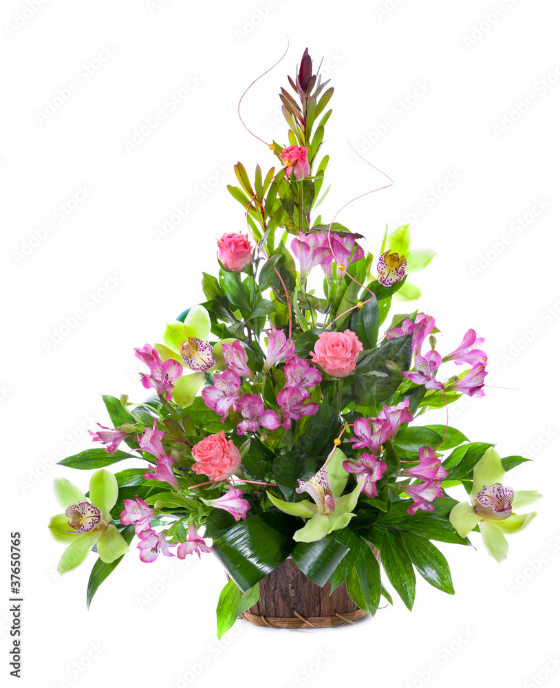 Bright flower bouquet in basket isolated over white background