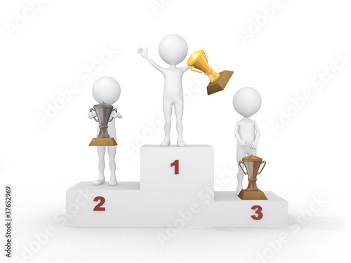Winner celebrating on podium. 3d rendered illustration.