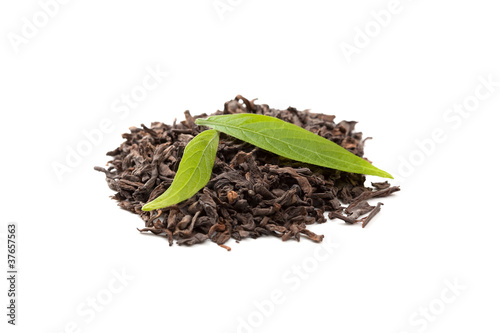 Pu-erh chinese tea and fresh leaves isolated