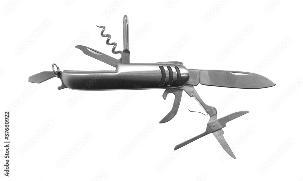 Shiny silver swiss knife with a lot of tools Shiny silver swiss knife with a lot of tools