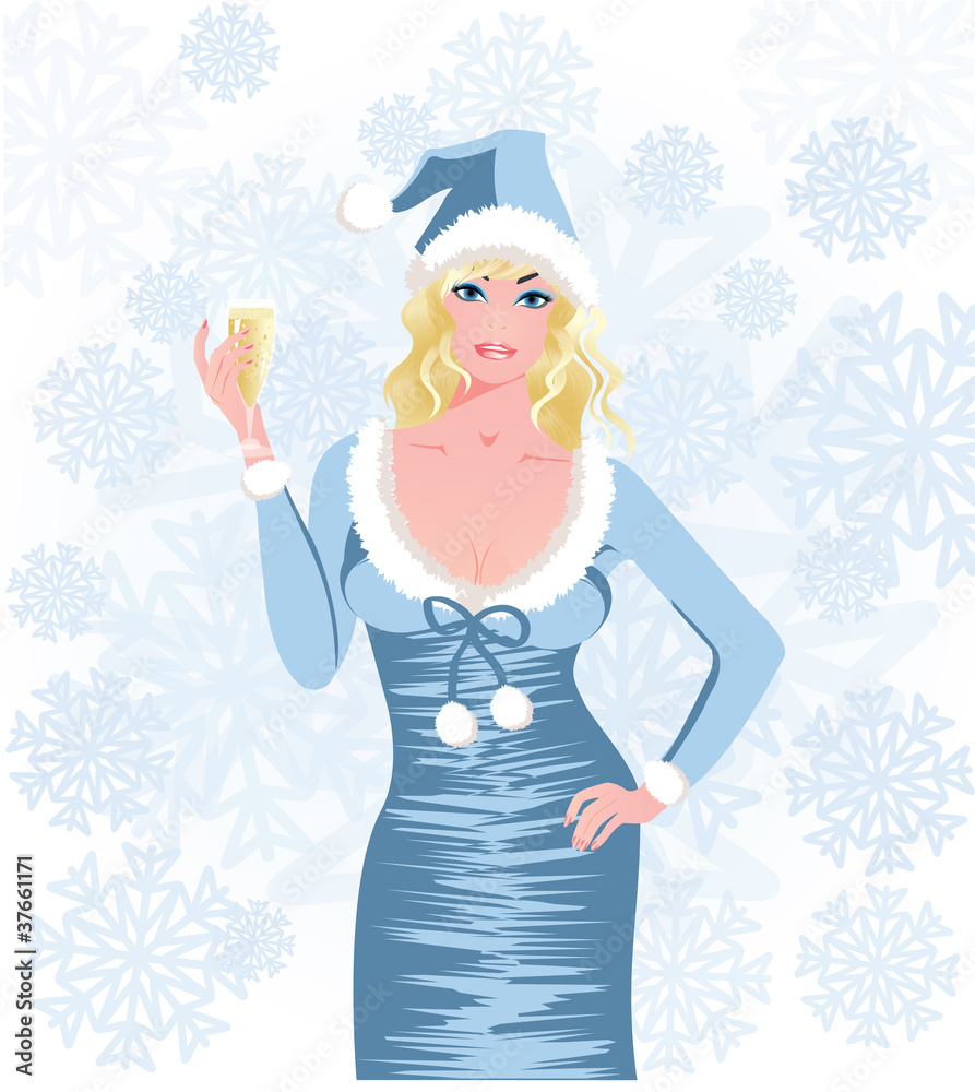 Santa girl with champagne, vector illustration Santa girl with champagne, vector illustration