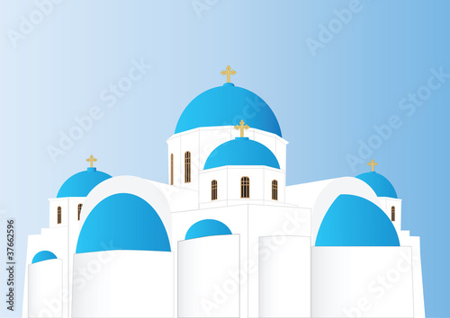 Greek Orthodox Church with blue domes and Gold Crosses