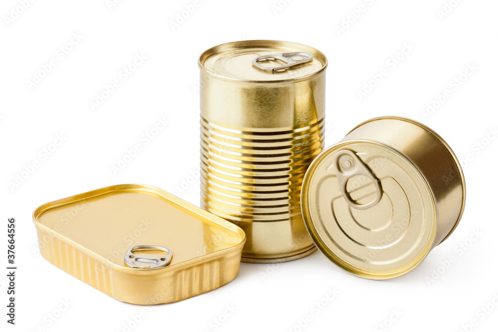 Three metallic goods can with key Three metallic goods can with key