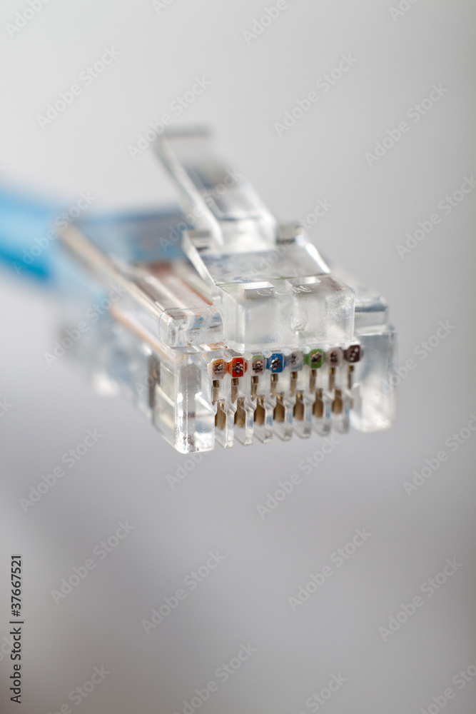 RJ45 cable on gray background. Shallow DOF. RJ45 cable on gray background. Shallow DOF.