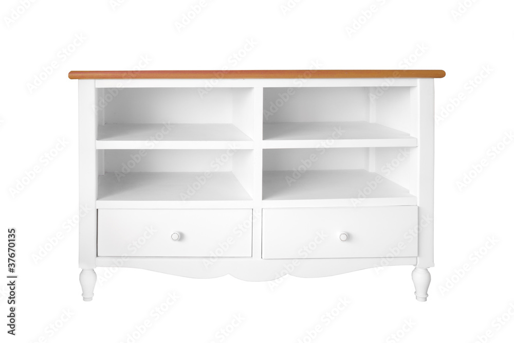 white Empty wood shelf and drawer isolated white Empty wood shelf and drawer isolated