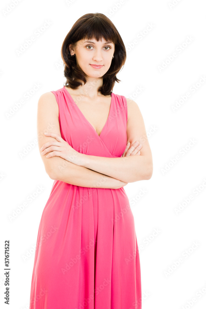 The woman in red dress on a white background. The woman in red dress on a white background.