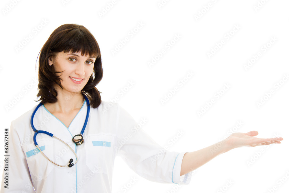 Woman doctor with arm outstretched on a white background. Woman doctor with arm outstretched on a white background.