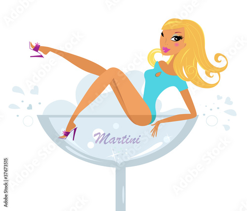 Beautiful retro girl in Martini glass isolated on white