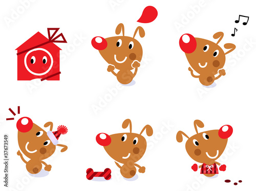 Cute retro christmas dog set isolated on white