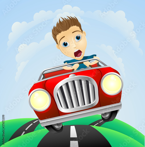 Young man driving fast classic car
